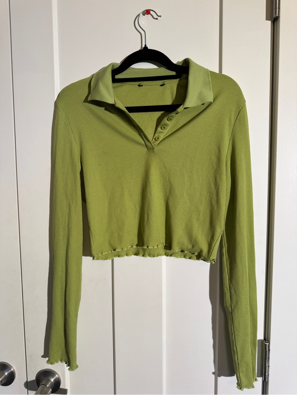 Cropped Long-Sleeve Polo Top in Olive Green